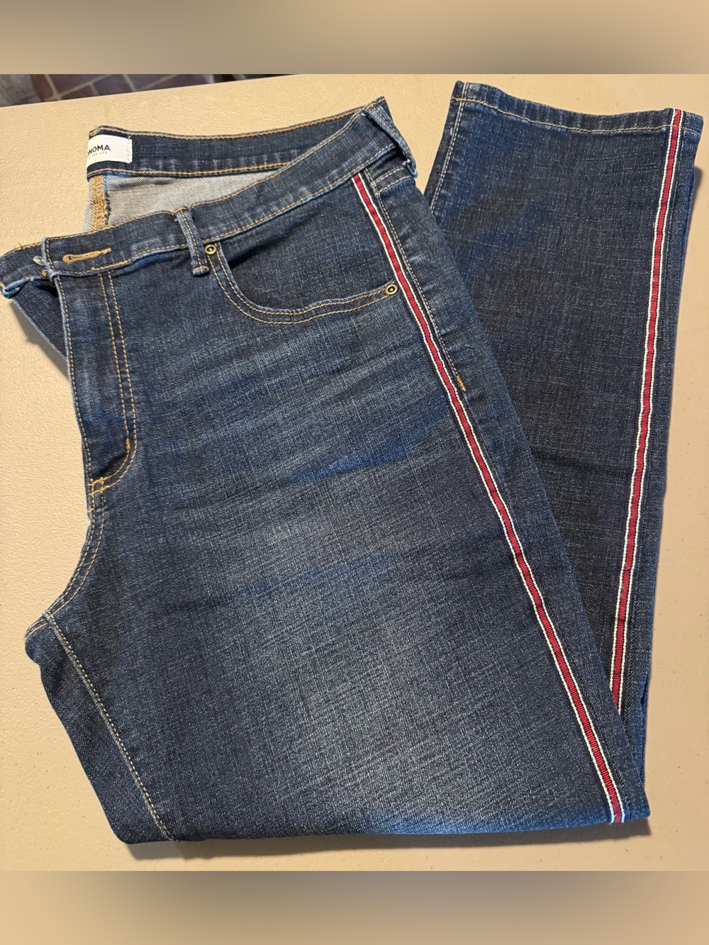 Sonoma Blue Denim Girlfriend Jeans with Red & White Side Stripe Size 14